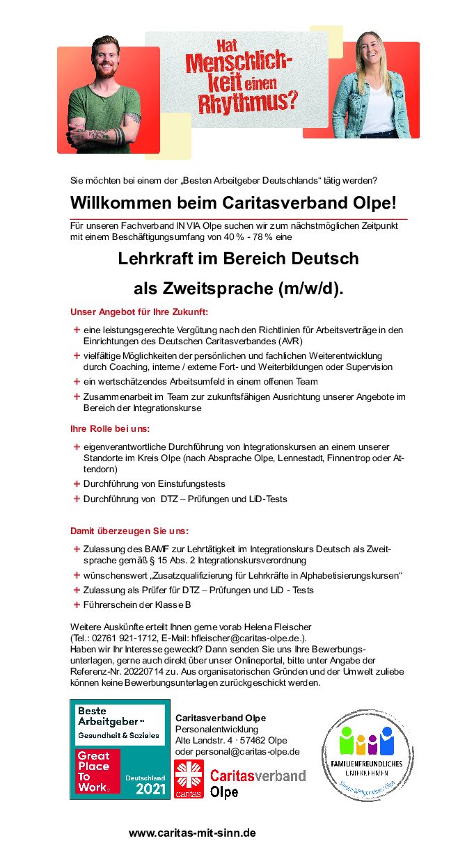 „Wir stellen ein – Lehrkräfte an unseren Standorten im Kreis Olpe gesucht“